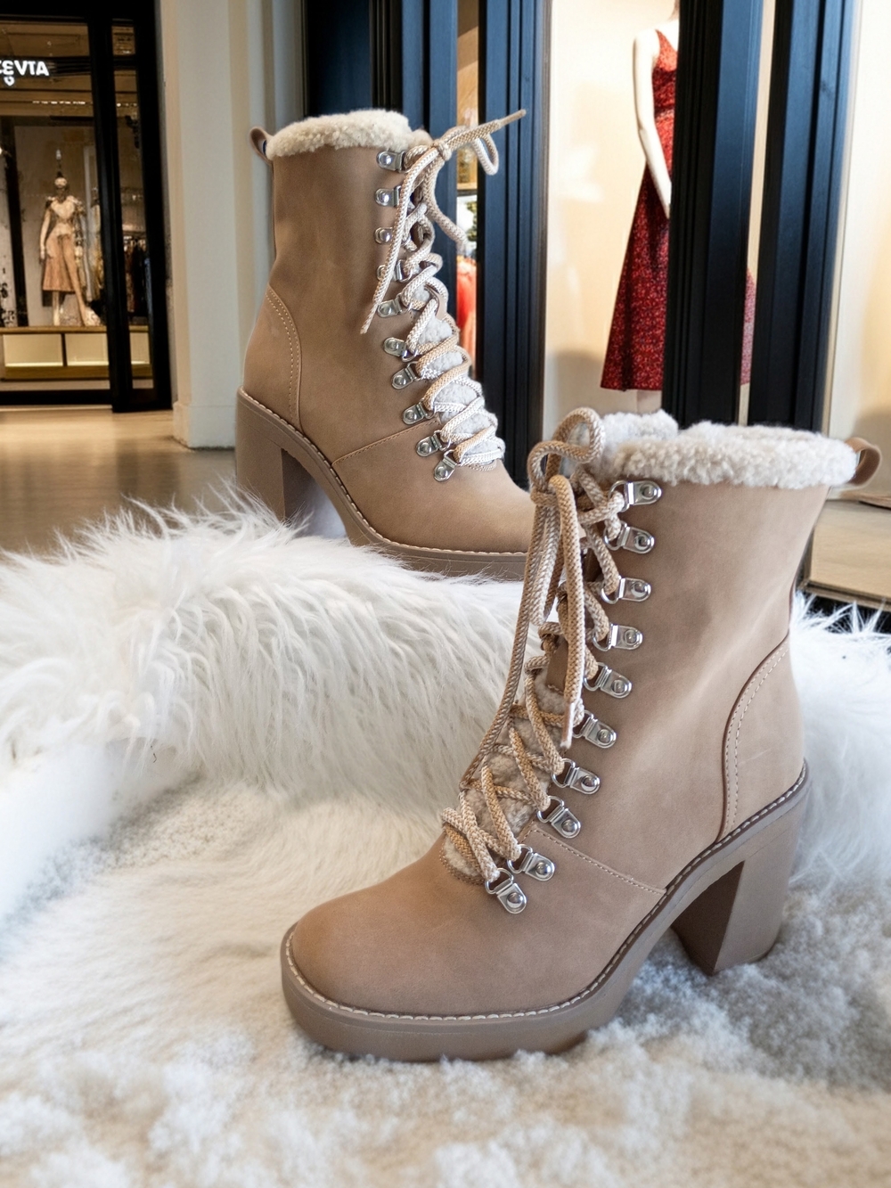 New Dolce Vita Pat Beige Lace-Up Faux Shearling Block Heel Boots